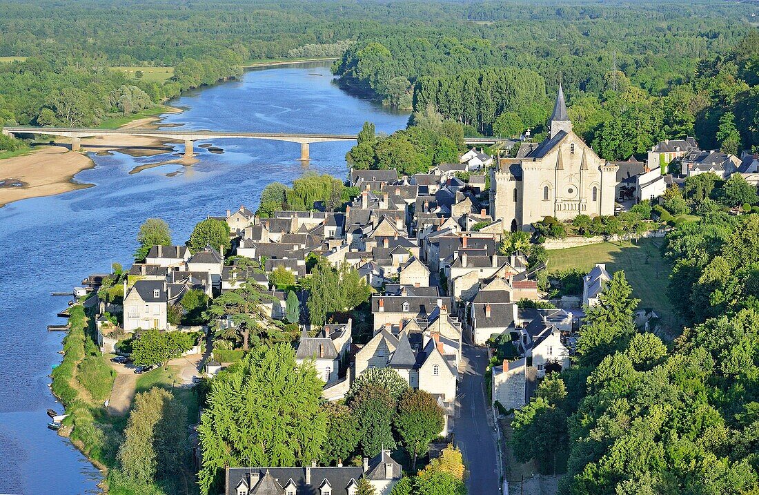 France, Indre et Loire, Candes Saint Martin, general view of the village at the confluence of the Vienne and the Loire, the village and the basilica (aerial view)\n