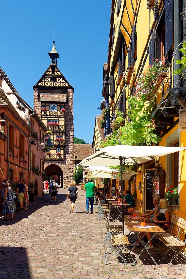 France, Haut Rhin, Alsace Wine Road, Riquewihr village, labelled Les Plus Beaux Villages de France (The Most Beautiful Villages of France) rue de Gaulle, the Dolder, city gate\n