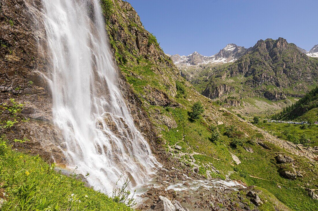 France, Hautes Alpes, Ecrins National Park, valley of Valgaudemar, La Chapelle en Valgaudemar, the Gioberney, the waterfall of the Voile de la Mariée (Bridal Veil)\n