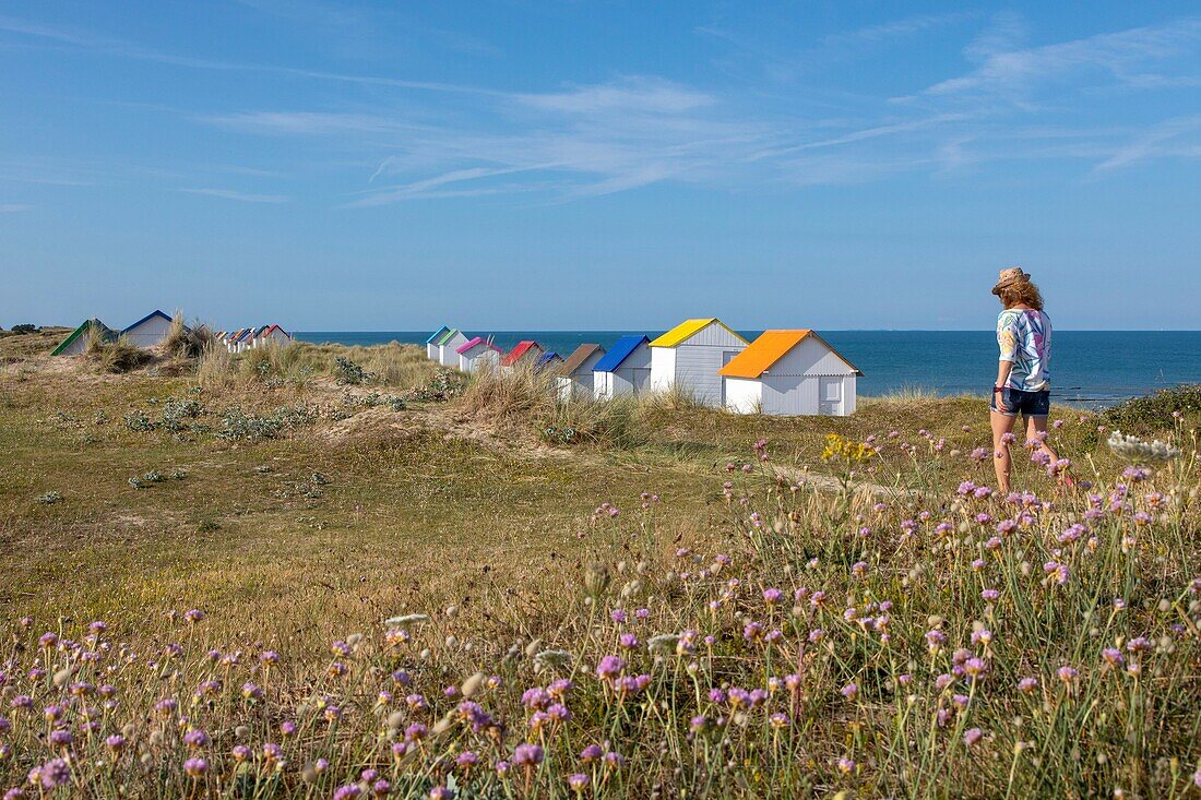 Frankreich, Manche, Cotentin, Gouville sur Mer, Strandhütten