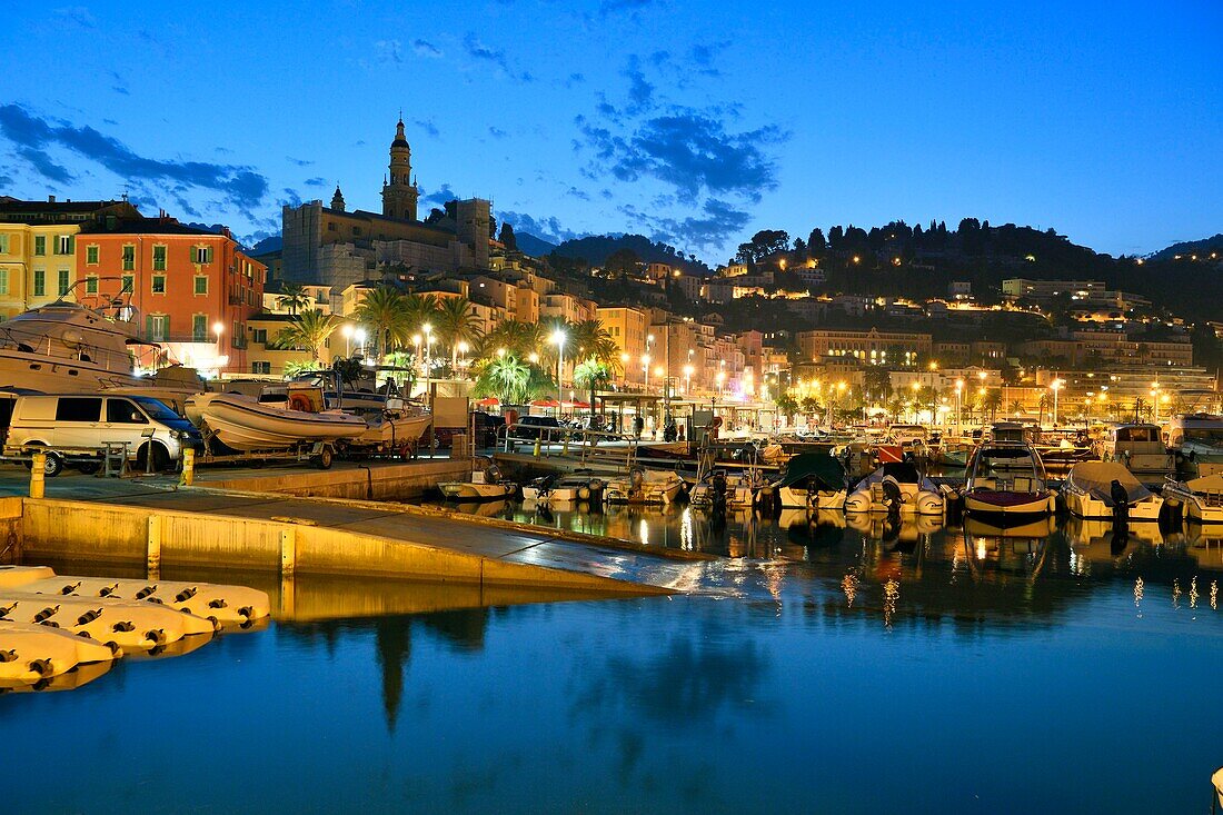 France, Alpes Maritimes, Menton, the port and the old town dominated by the Saint Michel Archange basilica\n