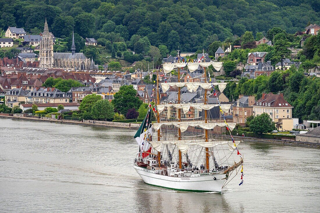 Frankreich, Seine Maritime, Caudebec-en-caux, Armada von Rouen 2019, die Dreimastbark Cuauhtemoc von der Brücke von Brotonne aus gesehen
