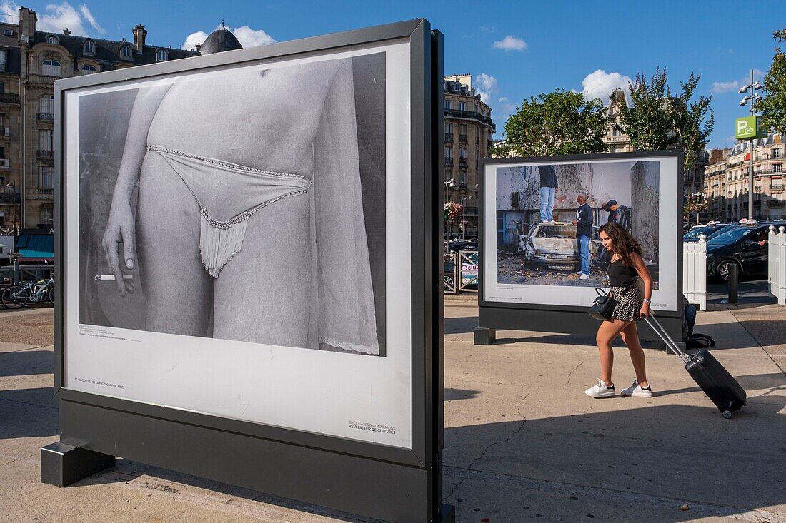 France, Paris, Gare de Lyon railway station, the square, an open-air photo exhibition\n