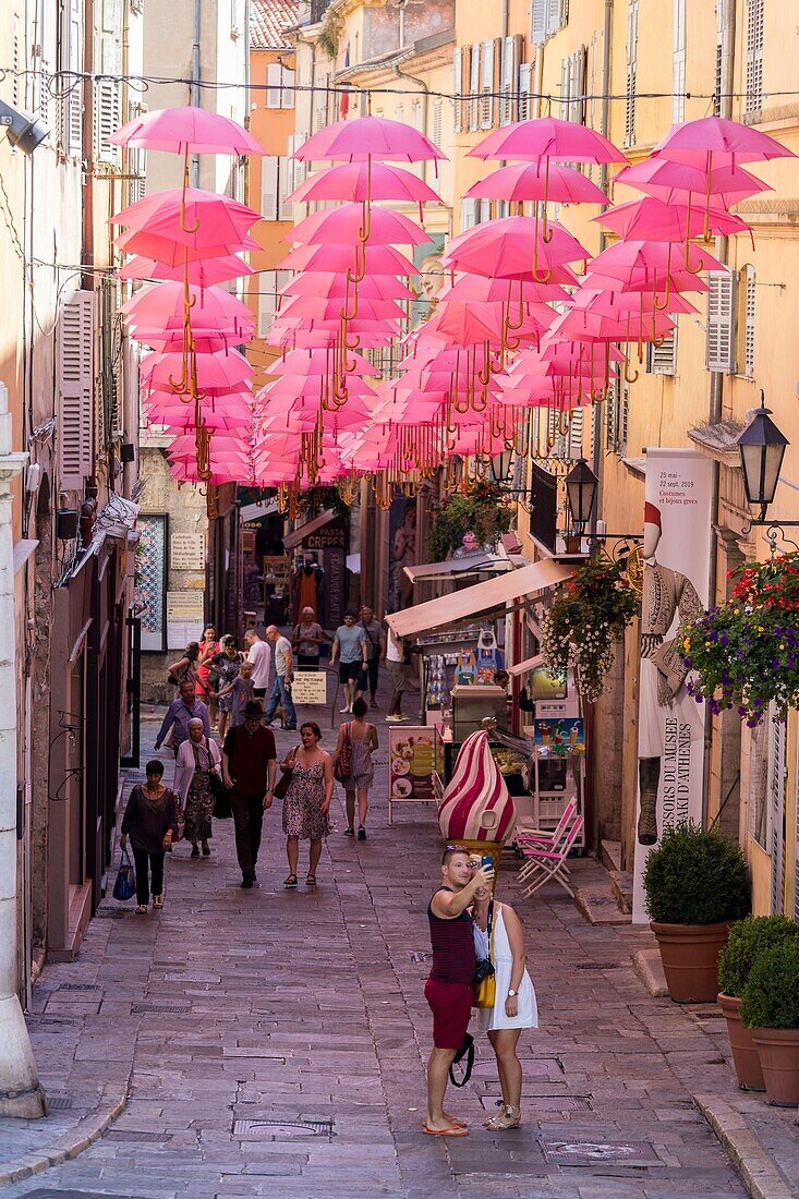 Frankreich, Alpes-Maritimes, Grasse, historisches Zentrum, rosa Regenschirme in der Jean Ossola Straße