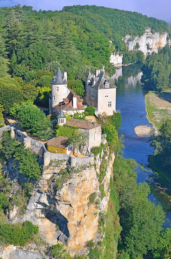 France, Lot, Dordogne valley, Lacave, Belcastel castel (aerial view)\n