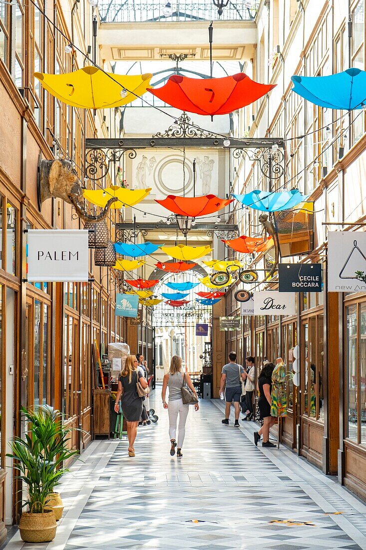 France, Paris, covered walkway of the Grand Cerf, the storm umbrellas of New Zealand's Glasscove boutique, Blunt\n
