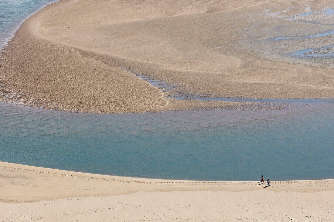 Frankreich, Vendee, Talmont Saint Hilaire, Spaziergänger am Strand von Le Veillon (Luftaufnahme)