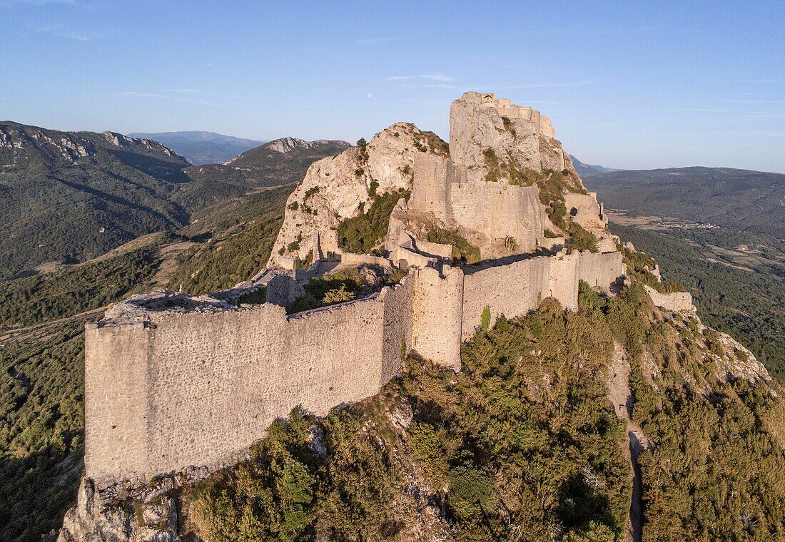 France, Aude, Duilhac sous Peyrepertuse, cathar castle of Peyrepertuse (aerial view)\n