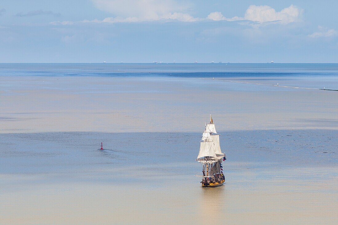 France, Calvados, Honfleur, Armada 2019, elevated view of Shtandart, frigate, sailing on the Seine Estuary\n