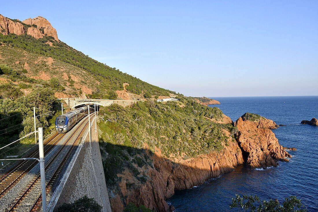 France, Var, Esterel Massif, railway and train along the coast\n