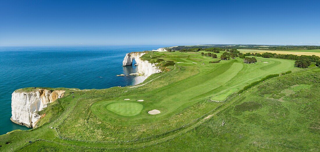 France, Seine Maritime, Etretat, Cote d'Abatre, the golf (aerial view)\n