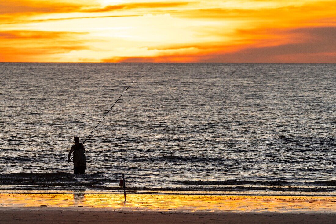 France, Somme, Marquenterre, Quend-Plage, Fishermen on the beach at sunset\n