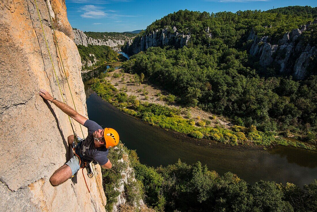 France, Ardeche, Berrias et Casteljau, climbing area of the Vire aux Oiseaux overlooking the Chassezac river\n