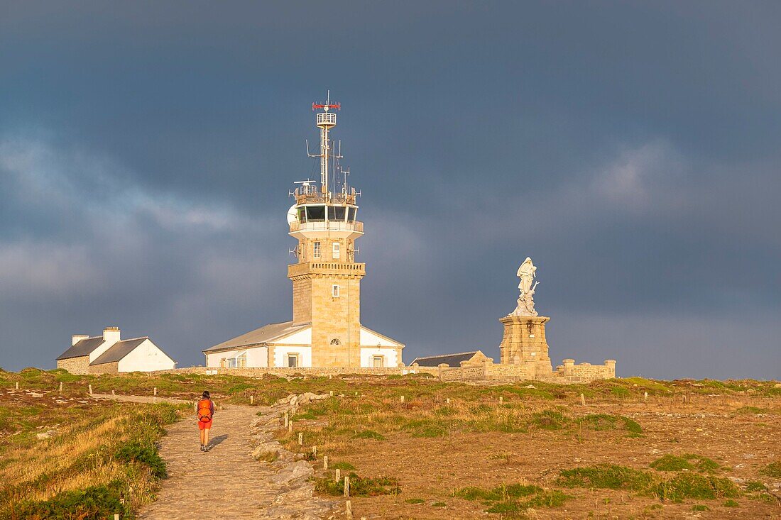 France, Finistere, Plogoff, Pointe du Raz along the GR 34 hiking trail or customs trail, the semaphore and marble sculpture of Notre-Dame des Naufragés\n
