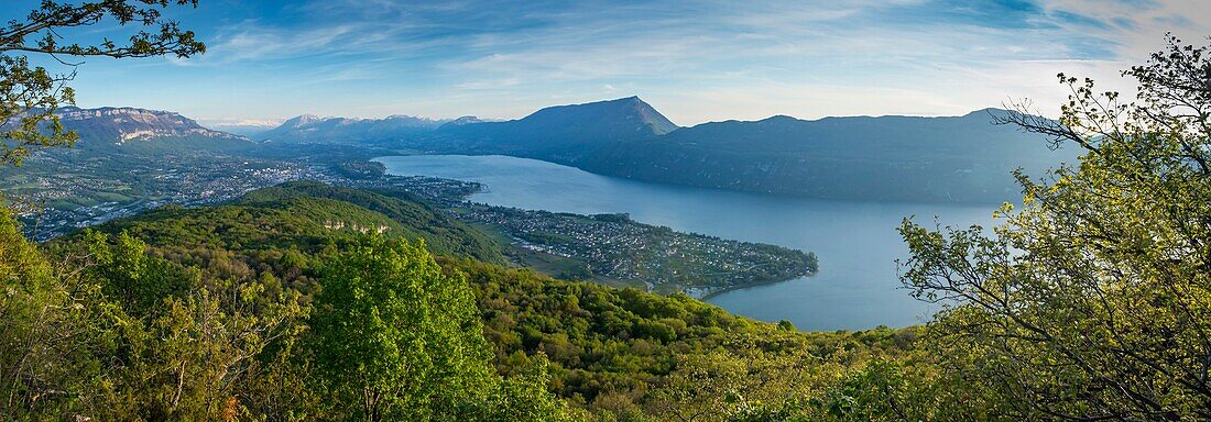 France, Savoie, Lake Bourget, Aix les Bains, Riviera of the Alps, Saint Innocent, hiking on Mount Corsuet, the new cross of Meyrieu panoramic view of Brison and the southern part of the lake\n