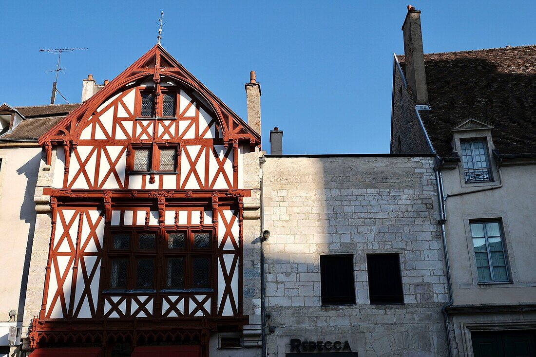 France, Cote d'Or, Dijon, area listed as World Heritage by UNESCO, half timbering and roofless house\n