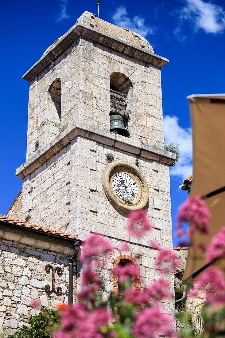 France, Alpes Maritimes, Parc Naturel Regional des Prealpes d'Azur, Gourdon, labeled Les Plus Beaux Villages de France, church steeple\n