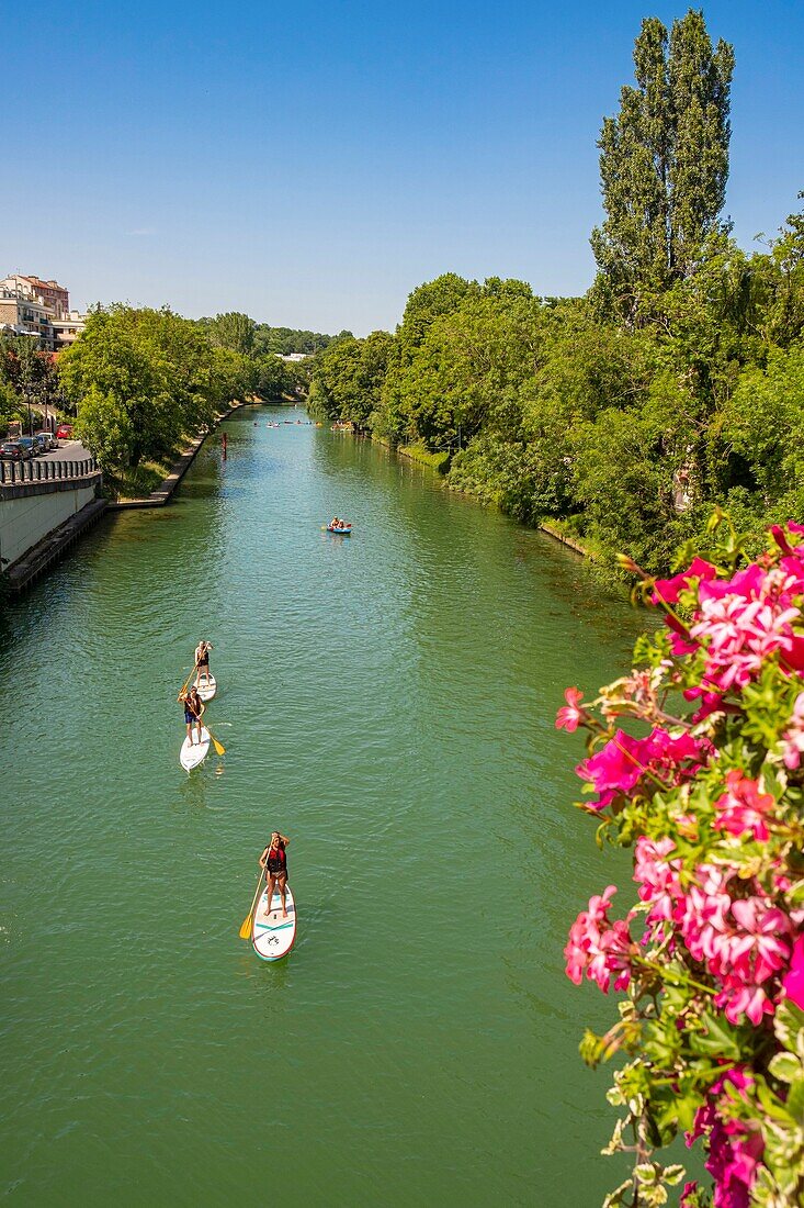 Frankreich, Val de Marne, Joinville le Pont, die Ränder der Marne, Surfpaddel, rechts die Insel Fanac