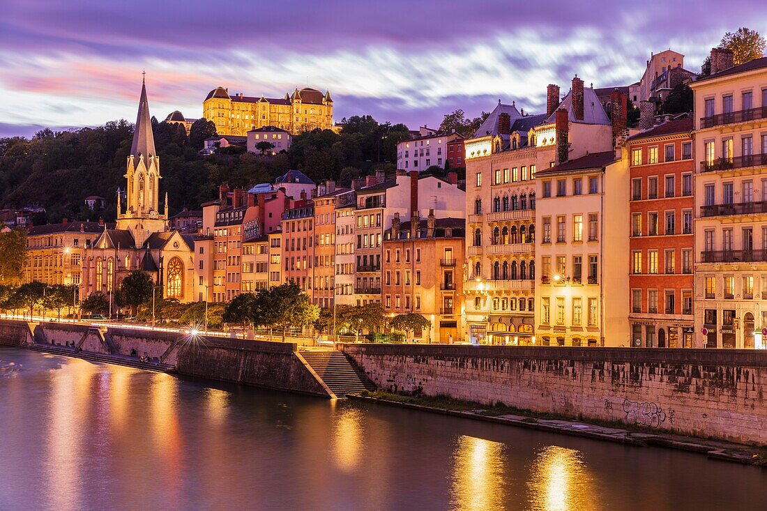 France, Rhone, Lyon, historic district listed as a UNESCO World Heritage site, Old Lyon, Quai Fulchiron on the banks of the Saone river, Saint Georges church, the Blanchon house and the Saint-Just high school on the Fourviere hill\n