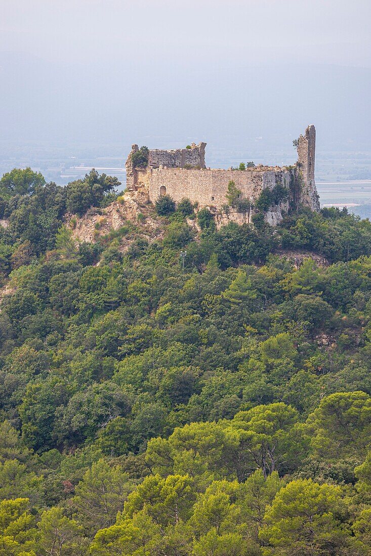Frankreich, Var, Provence Verte, Forcalqueiret, die Ruinen des Schlosses von Forcalqueiret gehören zu den emblematischen Denkmälern, die von der Lotterie des Kulturerbes profitieren, die von Stéphane Bern für ihre Verstärkung erdacht wurde, das Schloss auf seinem Hügel