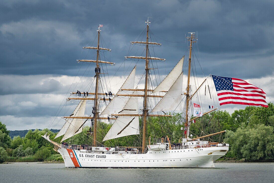 France, Seine Maritime, Rouen Armada, the Armada of Rouen 2019 on the Seine, the USCGC Eagle, three-masted barque, training ship of the United States Coast Guard\n