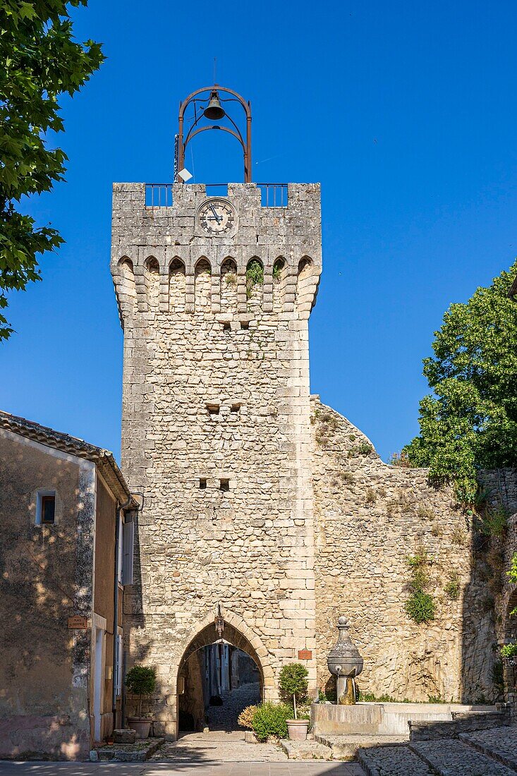 France, Drôme, regional natural park of Baronnies provençales, Montbrun-les-Bains, labeled the Most Beautiful Villages of France, the Belfry or clock tower\n