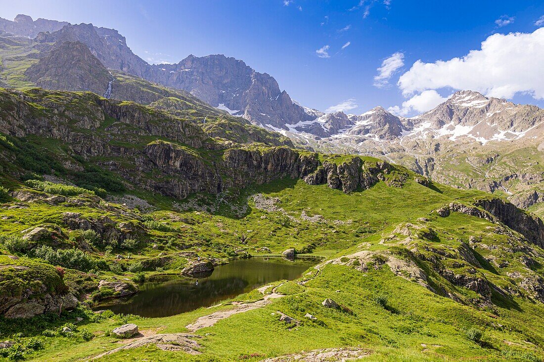 France, Hautes Alpes, Ecrins National Park, valley of Valgaudemar, La Chapelle en Valgaudemar, the lake Lauzon (2008 m)\n