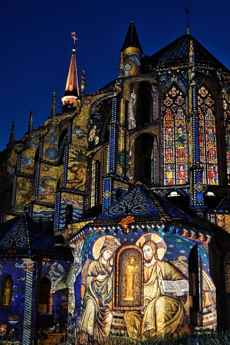 France, Eure et Loir, Chartres, Saint Pierre church illuminated during Chartres en Lumieres, apse, stained glass windows dated 13th and 14th centuries\n