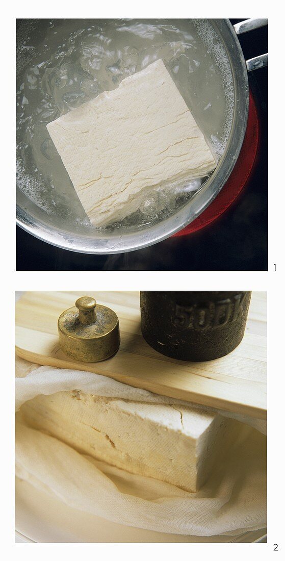 Tofu pressen (in Salzwasser kochen & mit Gewicht pressen)