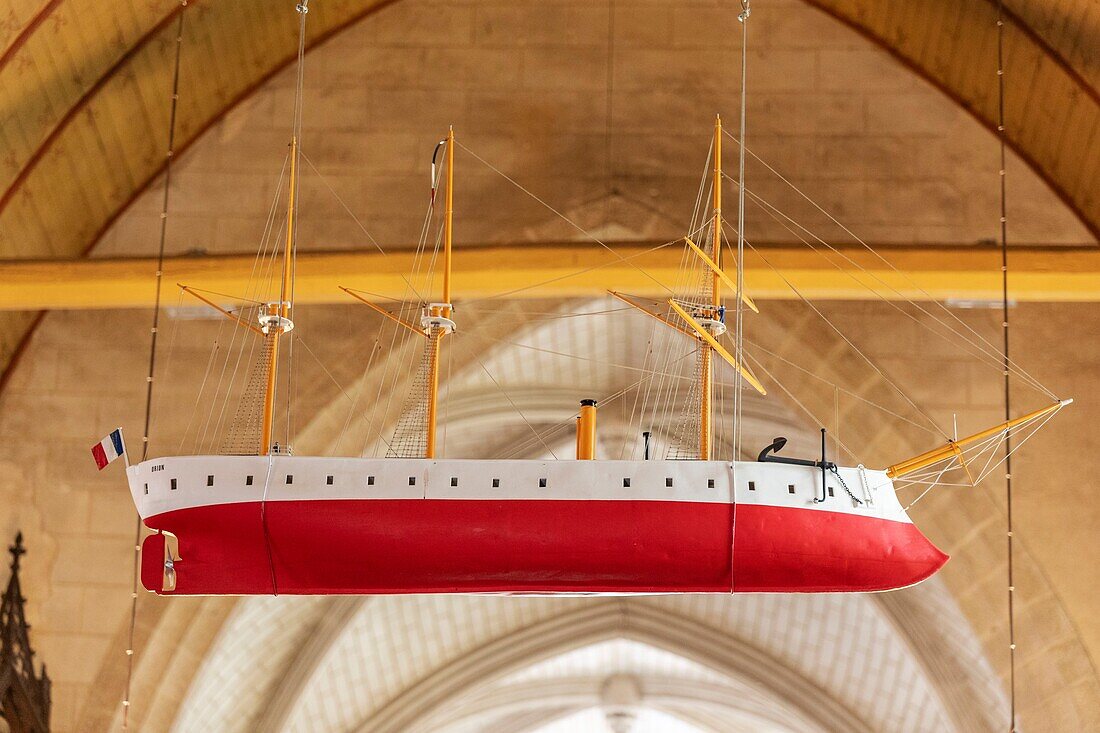 France, Morbihan, Auray, Port Saint-Goustan, the Orion a ship model serving as an ex-voto in the Saint-Sauveur church\n