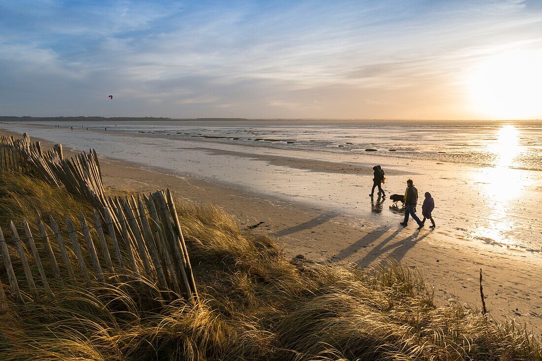 France, Somme, Somme Bay, Le Crotoy, strollers on the beach of Crotoy in the Somme Bay at low tide in winter\n