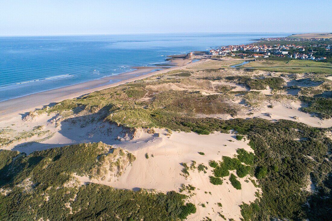 France, Pas de Calais, Cote d'Opale, Ambleteuse, dunes of the slack (aerial view)\n