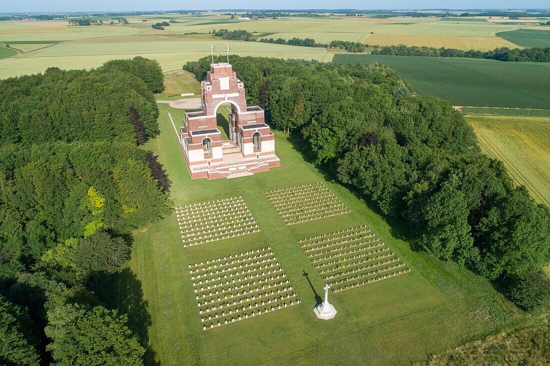France, Somme, Thiepval, Franco-British memorial commemorating the Franco-British offensive of the Battle of the Somme in 1916, French graves in the foreground (arial view)\n