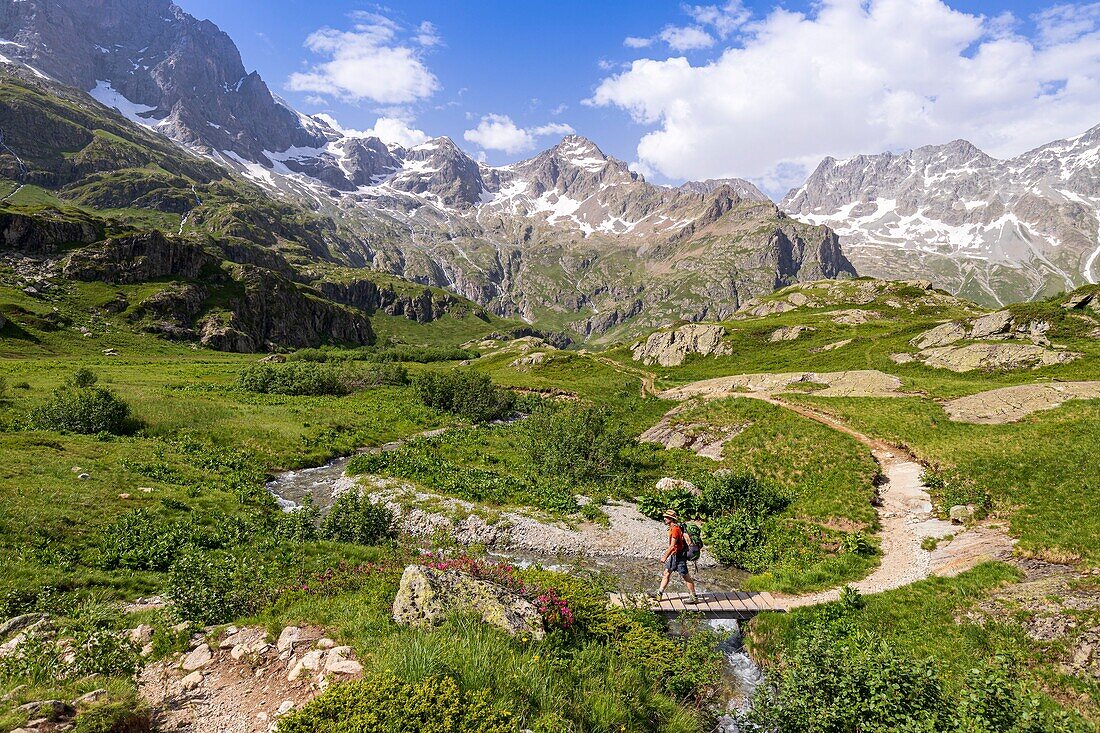 France, Hautes Alpes, Ecrins National Park, valley of Valgaudemar, La Chapelle en Valgaudemar, the glacial circus of Gioberney, hiking to Lauzon Lake\n