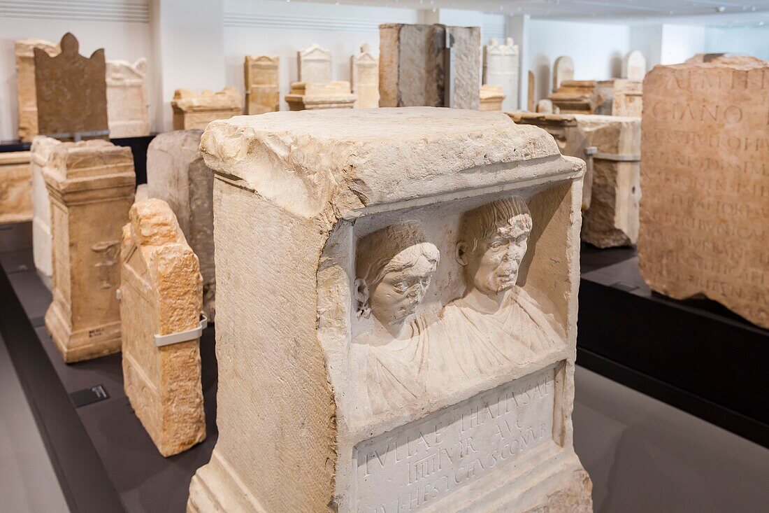 France, Gard, Nimes, Musee de la Romanite by architect Elizabeth de Portzamparc, stone stele\n