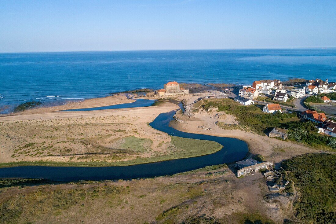 France, Pas de Calais, Ambleteuse, Fort Mahon, fort designed by Vauban and mouth of the Slack (aerial view)\n