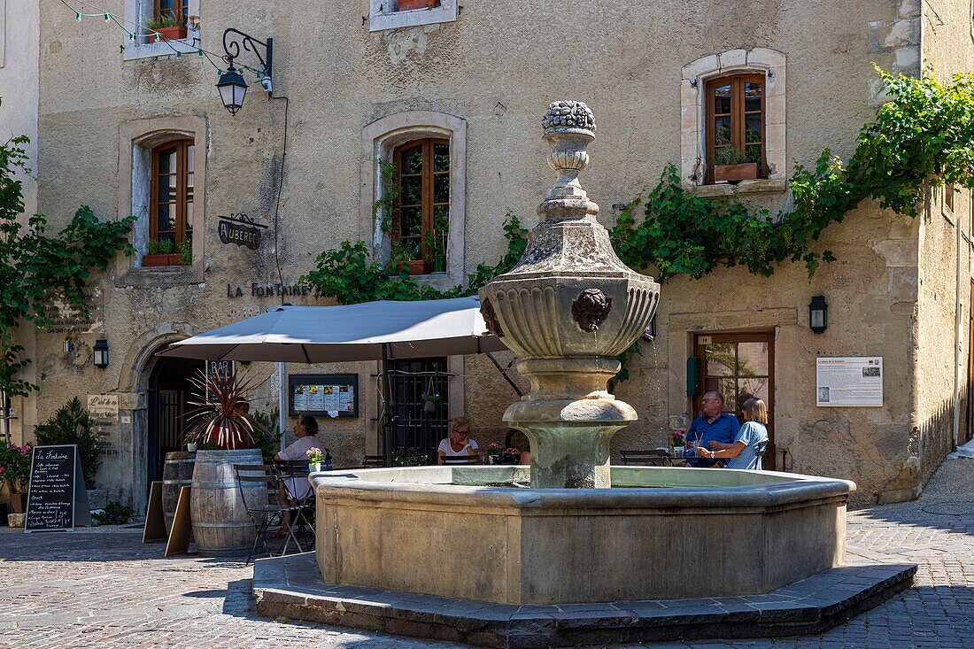 France, Vaucluse, Venasque, labeled the Most Beautiful Villages of France, place de la Fontaine\n