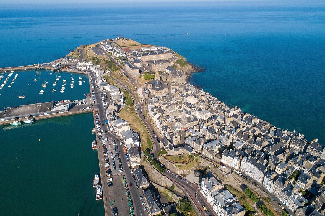 France, Manche, Granville, the harbour, the Roc and the Pointe du Roc (aerial view)\n