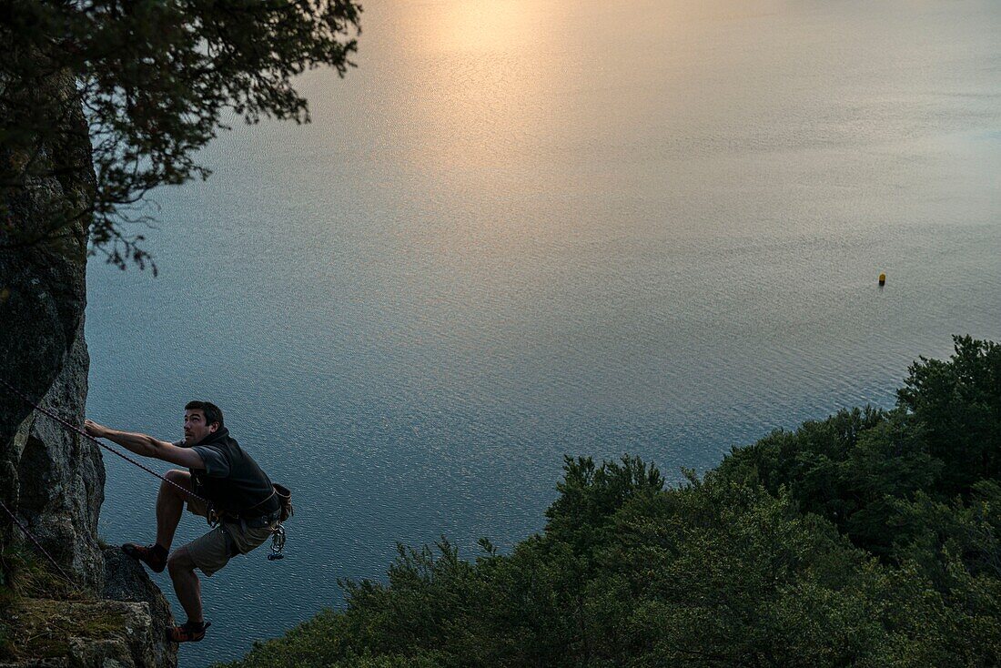 France, Ardeche, Le Lac d'Issarles, climbing area of the Dame du Lac\n