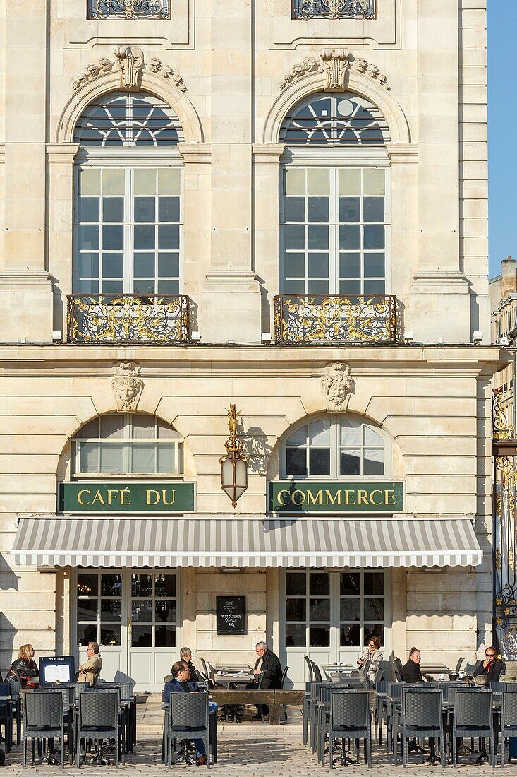 France, Meurthe et Moselle, Nancy, Stanislas square (former royal square) built by Stanislas Leszczynski, king of Poland and last duke of Lorraine in the 18th century, listed as World Heritage by UNESCO, terrace and facade of the Cafe du Commerce\n