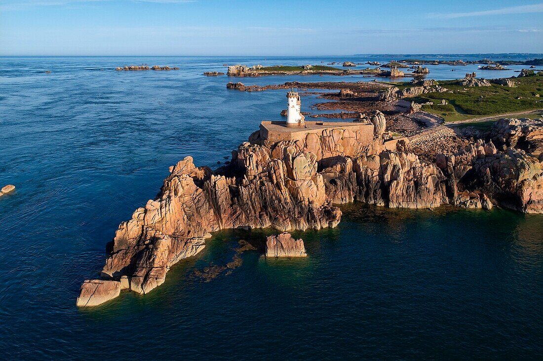 France, Cotes d'Armor, ile de Brehat, lighthouse at Pointe du Paon (aerial view)\n