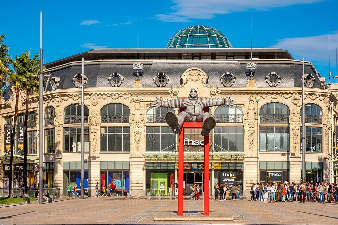 France, Pyrenees Orientales, Perpignan, Catalonia Square, Dali in Levitation of the artists Pritchards and the store of Fnac\n