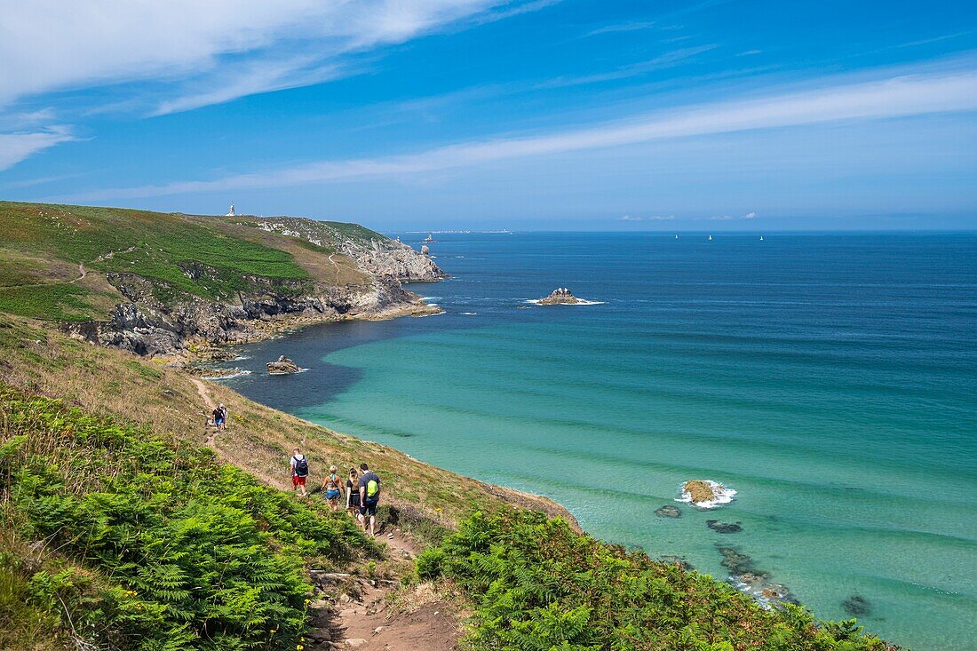 France, Finistere, Plogoff, along the GR 34 hiking trail or customs trail, Pointe du Raz in the background\n