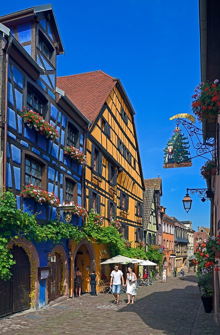 France, Haut-Rhin, Riquewhir, labeled The Most Beautiful Villages of France, General de Gaulle street and its traditional half-timbered houses\n