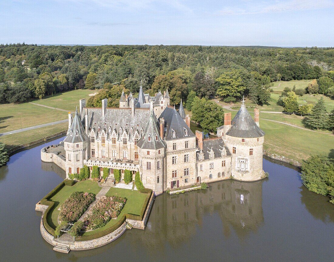France, Loire Atlantique, Missillac, La Bretesche castle (aerial view)\n