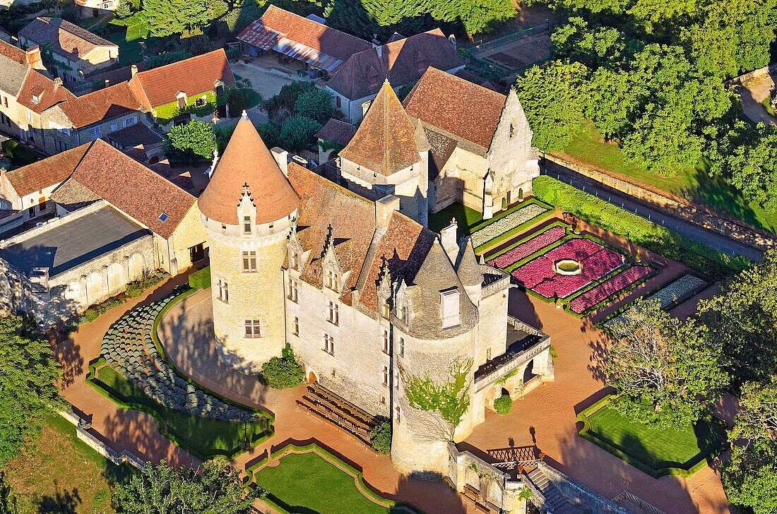 France, Dordogne, Perigord Noir, Dordogne Valley, Castelnaud la Chapelle, Chateau des Milandes, the French american dancer Josephine Baker's former property (aerial view)\n