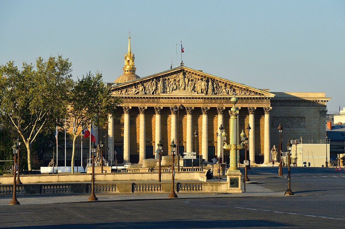 France, Paris, area listed as World Heritage by UNESCO, the banks of the Seine river, the Concorde bridge and the National Assembly (Palais Bourbon)\n
