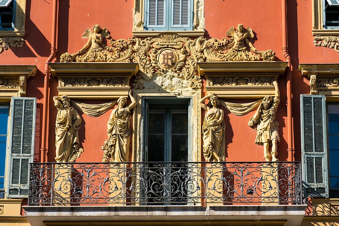 France, Alpes Maritimes, Nice, listed as World Heritage by UNESCO, Port Lympia, facade with baroque style on Place de l' Ile de Beaute\n