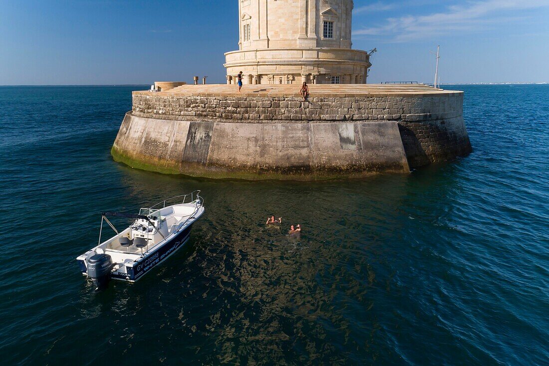 Frankreich, Gironde, Verdon-sur-Mer, Felsplateau von Cordouan, Leuchtturm von Cordouan, von der UNESCO zum Weltkulturerbe erklärt, Gesamtansicht (Luftbild)