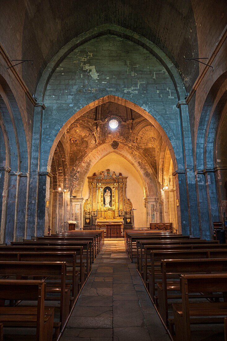 Frankreich, Vaucluse, Venasque, ausgezeichnet als die schönsten Dörfer Frankreichs, die romanische Kirche aus dem 13. Jahrhundert, die Notre-Dame gewidmet ist, das Kirchenschiff und der Chor